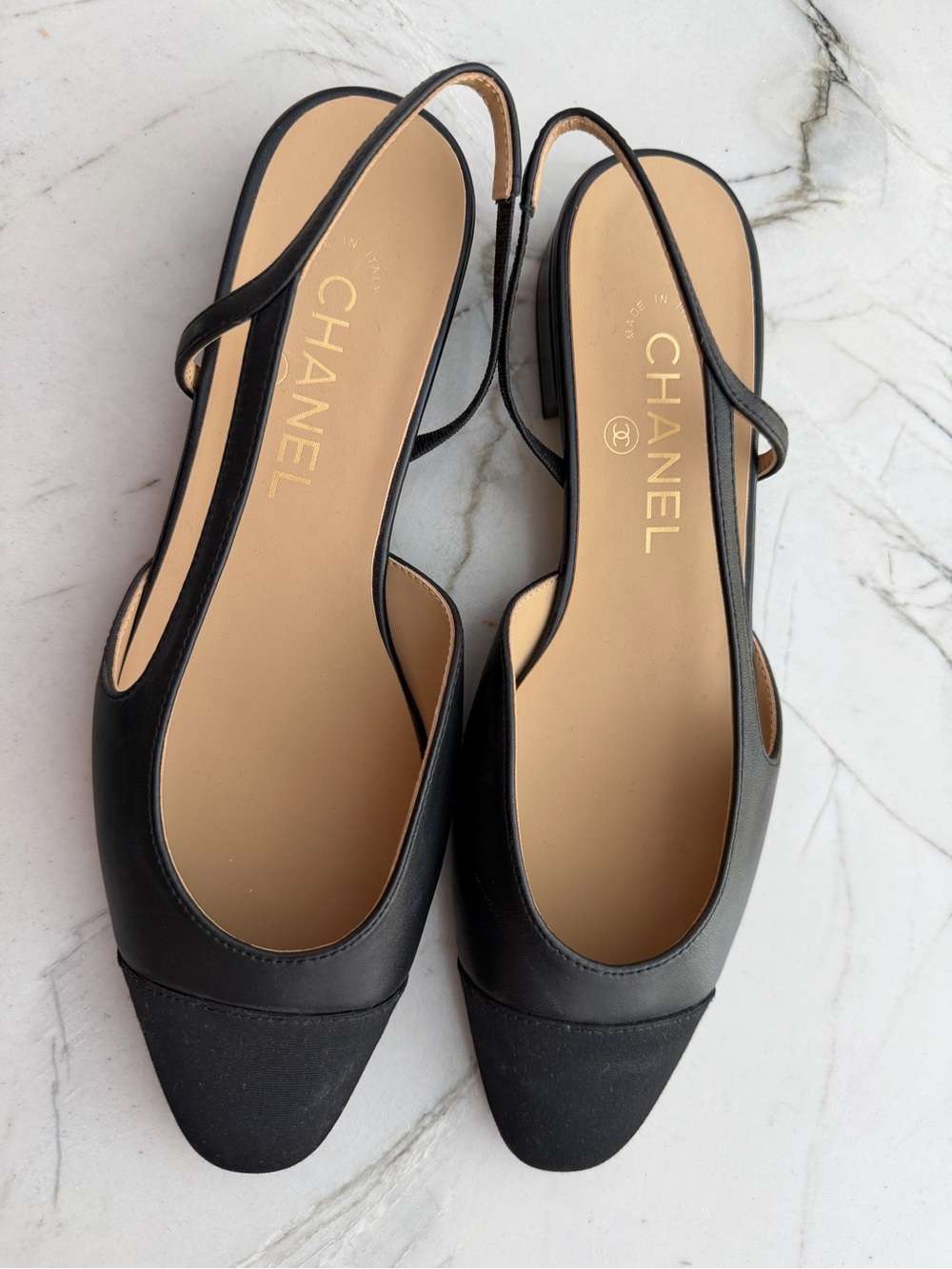 CHANEL Black Leather & Canvas Slingback Flats
